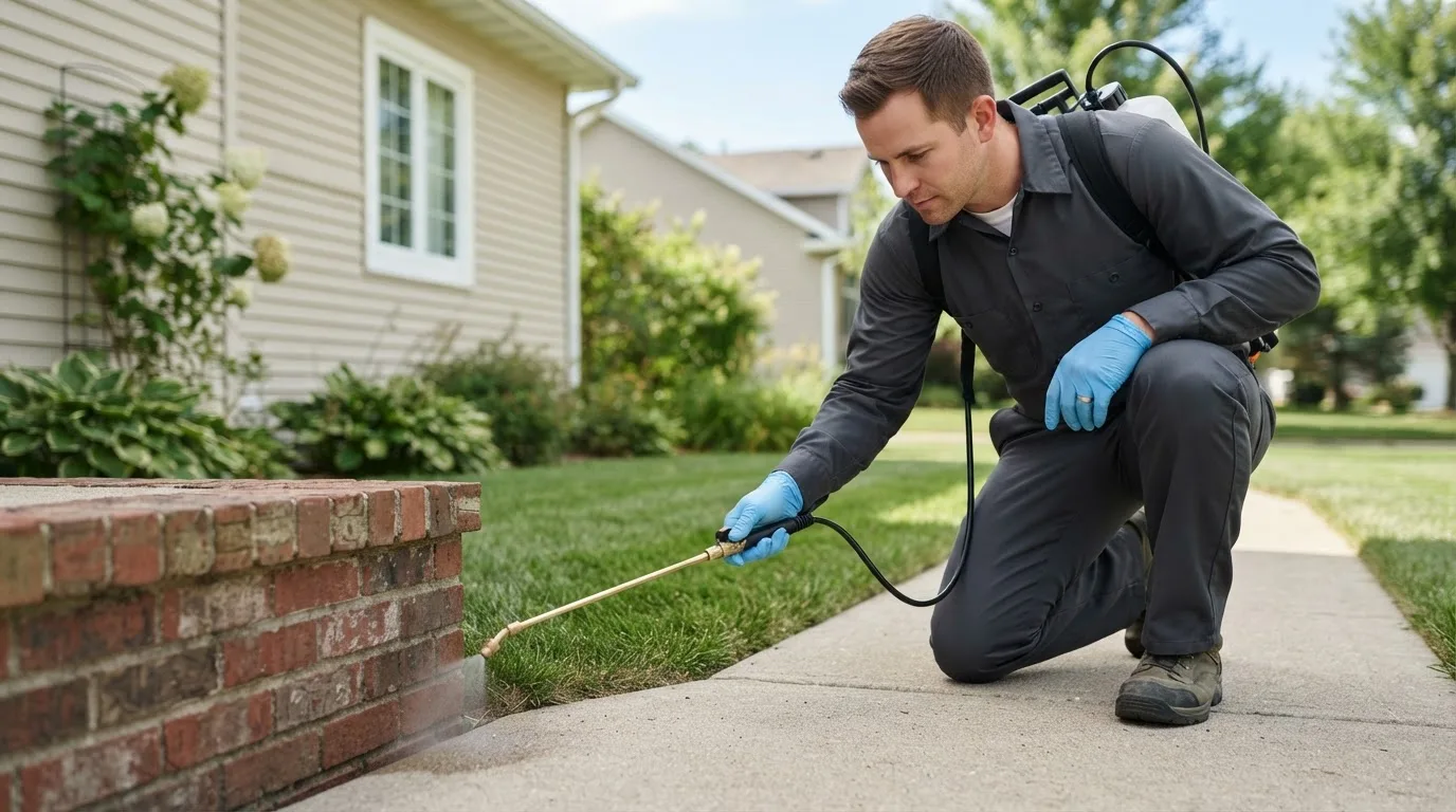 Pest control technician treating a home near Owen, WI