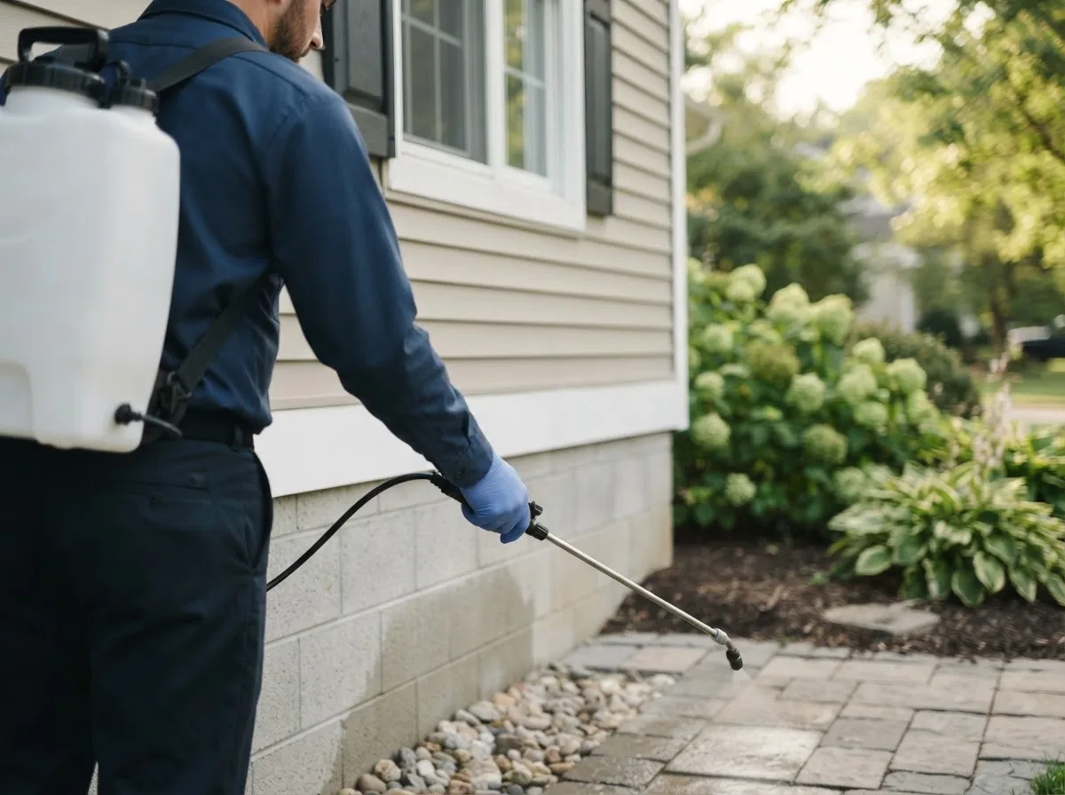 Pest control technician inspecting a home in Owen, WI